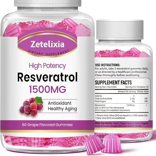 [BRSROBI3OACAADQU] Sugar Free Resveratrol Gummies - High Purity Resveratrol Supplement for Antioxidant, Healthy Aging, Skin, Brain, Organic - 120 Gummies