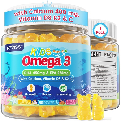 [BRSRAAT3B55QE2Y4] Kids Omega 3 Gummies + Calcium 400mg + Vitamin D3 K2 + C, Omega-3 DHA & EPA Supplement - No Fish Burps, No Sugar - Kids & Teens Omega 3 + Multivitamin Gummy for Strong Bones, Brain, Immune, Eye, 60Cts