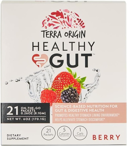 [BRSRAGLQBYIA2D3A] TERRA ORIGINA Sunn Gut Stick Packs, L-Glutamine, Slippery Elm, Aloe Vera, Licorise Root Extract, Gut Helse, Digestiv støtte, Leaky Gut Repair, Immunfunksjon, On-The-Go, 21 Ct, Berry