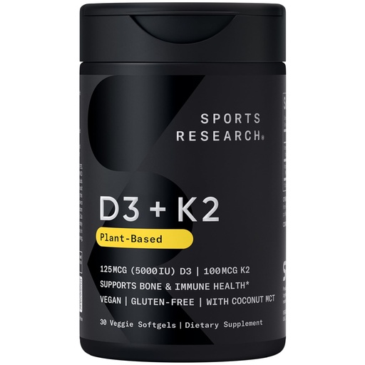 [BRSWYCYNO4BQMAL3] Sports Research® Vegan Vitamin D3 + K2 w/Coconut Oil, 30 Count Plantgels™ | Plant-Based Vitamin D 5000iu/125mcg & Soy-Free Vitamin K 100mcg for Bone & Immune Support - Vegan Certified & Non-GMO Verifed