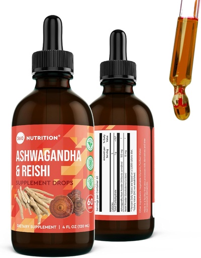 [BRSRMCQYBUHWM23O] 360 Nutrition Ashwagandha & Reishi Root Supplement Drops for Stress Relief, Stamina & Longevity, and Energy Support - Vegan Non-GMO Adaptogenic - 4 fl oz, 60 Servings