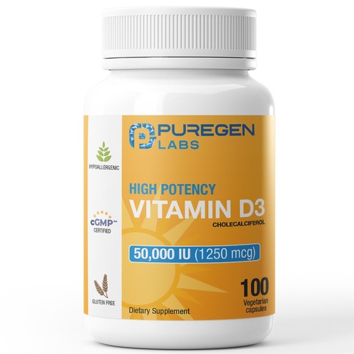 [BRSROAQ5BMMAGCTA] Puregen Labs Vitamin D3 50,000 IU (1250 mcg) 100 Weeks Supply for Healthy Muscle Function, and Immune Support, Non-GMO, Gluten Free - 100 Vegetable Capsules