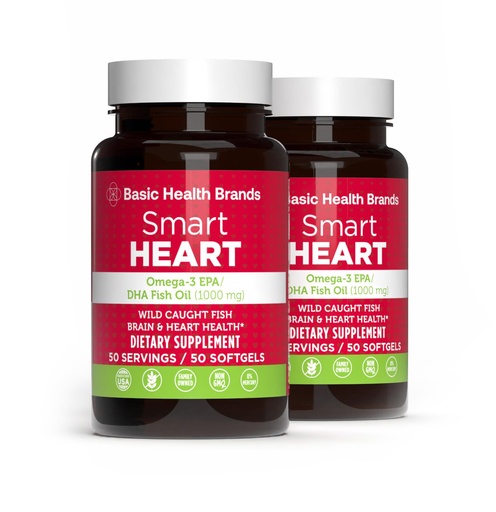 [BRSWYAQEAR6BUA3A] Basic Brands Smart Heart Omega-3 Fish Oil 1000mg - Triple Strength EPA & DHA, Non-GMO, Heart & Cognitive Support - 50 Burpless Softgels - 2-Pack