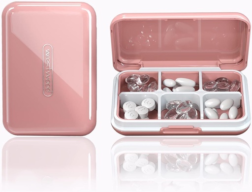 [BRSW2GIRBYNRO2Q3] Travel Pill Organizer Moisture Waterproof Small Pill Box for Pocket Purse 6 Compartments Portable Pill Case Medicine Vitamin Holder Container, Pink