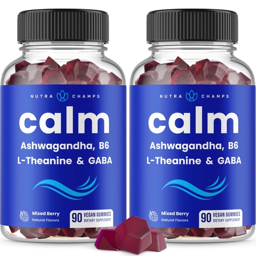 [BRSRMGIODNYBGDTK] NutraChamps Calm Gummies, Stress Gummies Supplement with Ashwagandha, L-Theanine, GABA, Vitamin B6 & Lemon Balm, 90 Gummies (Pack of 2)