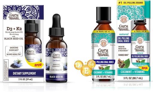 [BRSRAYYYBZ6A4AIY] GuruNanda Black Seed Oil 5000 IU Vitamin D3, K2 & E + Coconut Oil Pulling with Essential Oils Vitamin D3, E, K2 for Immune Support, Oral Hygiene
