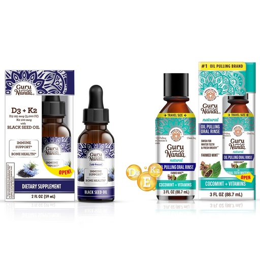 [BRSRAYYYBZ6A4AIY] GuruNanda Black Seed Oil 5000 IU Vitamin D3, K2 & E + Coconut Oil Pulling with Essential Oils Vitamin D3, E, K2 for Immune Support, Oral Hygiene