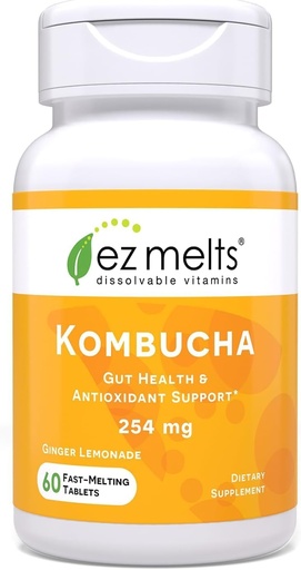 [BRSRAZLQCRYQMFD6] EZ Melts Dissolvable Sugar-Free Kombucha Tablets with SCOBY & Apple Cider Vinegar, Gut Health Supplements for Men & Women, Ginger Lemonade Flavor, 2-Month Supply - 1 Pack