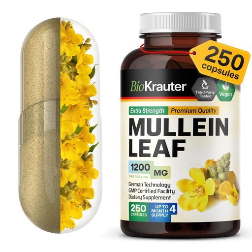 [BRSWYFQTBB7AA3LL] BIO KRAUTER Mullein Capsules 1200 mg 250 Caps - Pure Vegan Mullein Leaf Extract for Lungs - 125 Days of Supply - Lung Cleanse & Respiratory Support Supplements - No Fillers, Non-GMO