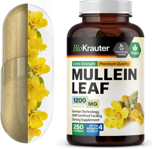 [BRSWYFQTBB7AA3LL] BIO KRAUTER Mullein Capsules 1200 mg 250 count - Pure Vegan Mullein Leaf Extract for Lungs - 125 Days of Supply - Lung Cleanse ' Respiratory Support supplements - No Fillers, Non-GMO