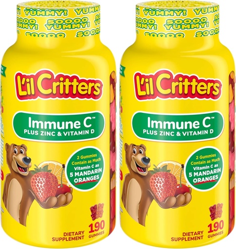 [BRSRAY35DN4A4H32] L'il Critters Immune C Daily Gummy Supplement Vitamin for Kids, 비타민 C, D 및 아연 Immune 지원, 오렌지, 레몬 및 체리 맛, 190 Gummies (패치 2)