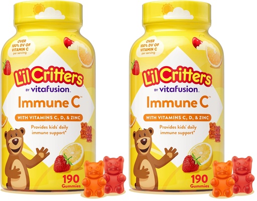 [BRSRAY35DN4A4H32] L’il Critters Immune C Daily Gummy Supplement Vitamin for Kids, Vitamin C, D and Zinc for Immune Support, Orange, Lemon, Strawberry and Cherry Flavors, 190 Gummies (Packaging May Vary) (Pack of 2)