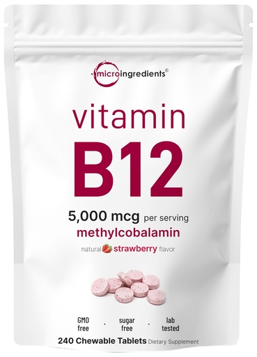 [BRSWYHYROIJQGGYZ] Micro Ingredients Vitamin B12 5,000 mcg | Methylcobalamin – 240 Chewable Tablets | Fast Dissolve, Natural Strawberry Flavor | Vegan, Non-GMO, Gluten Free