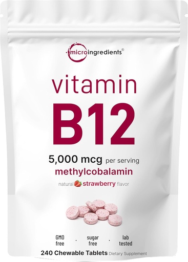 [BRSWYHYROIJQGGYZ] Micro Ingredients Vitamin B12 5.000 mcg 5,000 Methylcobalamin – 240 Kautabletten | Fast Dissolve, Natural Strawberry Flavor | Unterstützt Energie & Stoffwechsel Gesundheit | Vegan, Non-GMO, Glutenfrei