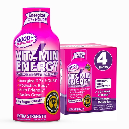 [BRSROGATOEIBGCI7] Vitamin Energy Mood+ Extra Strength Energy Shot Tropical Berry 4 Pack, 260mg Natural Caffeine, B-Vitamins, Rhodiola, Chamomile, Mood & Energy Support, Zero Sugar, Gluten-Free, Vegan, 1.93 fl oz