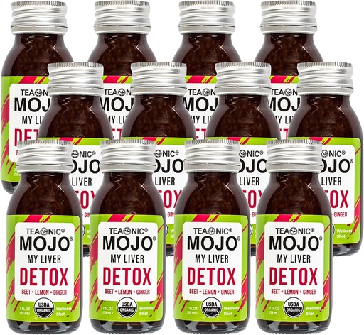 [BRSWGAA6OUIBGF3G] TEAONIC My Liver Mojo: Detox, Wellness Mojo Shots with Black Pepper, Beet, and Lemon Juice, USDA-Certified, Caffeine Free, Gluten-Free, 2 Fl. Oz Each, Pack of 12