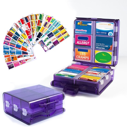 [BRSRAHYNCUFQO334] Stor Pill Organizer med Medicine Labels, Pill Dispenser 12-Compartment Travel Medication Storage Case, 7-dagars Pill Box för vitaminer och tillägg (Purple, 161 Labels)