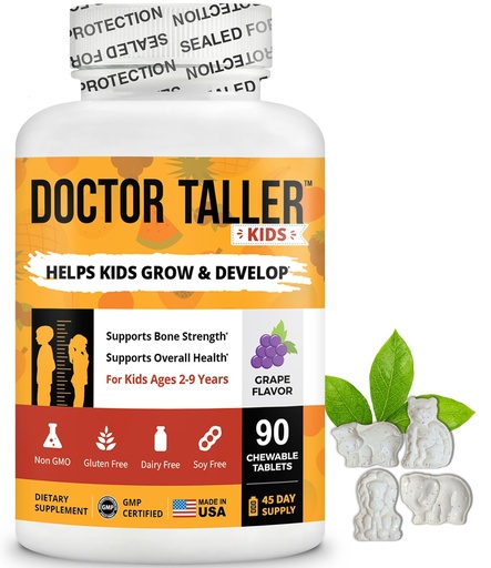 [BRSWYGIOPMCRUYDA] Doctor Taller Kids - Kids Multivitamins, Toddler Vitamins - Support Bone Strength, Enhanced Immunity with Calcium, Multivitamins for Ages 2 to 9 - Grape Flavor - 90 Chewable Tablets | 6 Weeks Supply