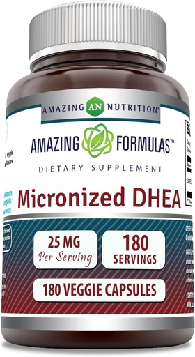 [BRSWICYNOEHRM2DU] 놀라운 포뮬러 Micronized DHEA 25mg 180 Veggie 캡슐 보충 | Non-GMO | 글루텐 프리 | 미국 소재 | 채식주의 이상 | 남성용 Dehydroepiandrosterone 캡슐 (1 팩)