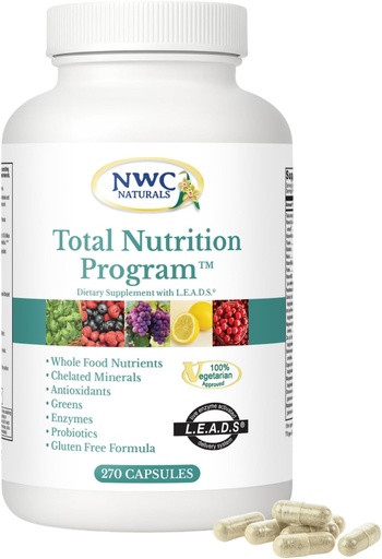 [BRSWIYYLAUARGA3Y] NWC Naturals Total-Nutrition Program Multivitamínico con Enzymes Plus Prebióticos e suplementos probióticos, Coidado completo para homes e mulleres, Vitaminas naturais vexetarianas de todo o alimento, 270 cápsulas