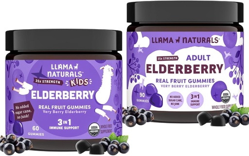 [BRSRABQ7PMAW2HTX] Llama Naturals Real Fruit Sambucus Elderberry Gummies for Kids & Adults | No Added Sugar Cane, Vegan, Organic Immune Support | Zinc & Natural Vitamin C | Plant-Based, Chewable Gummies for the Whole Fa