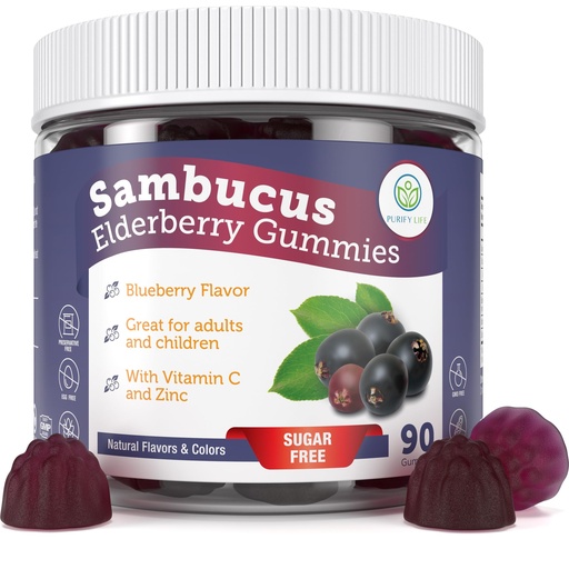 [BRSWGEL6CMGRQ3YV] Sugar-Free Elderberry Gummies with Vitamin C & Zinc for Adults and Kids, Immune Support Supplement for Respiratory Health, Sambucus Elderberry Antioxidant Gummies - Vegan, 90 Count