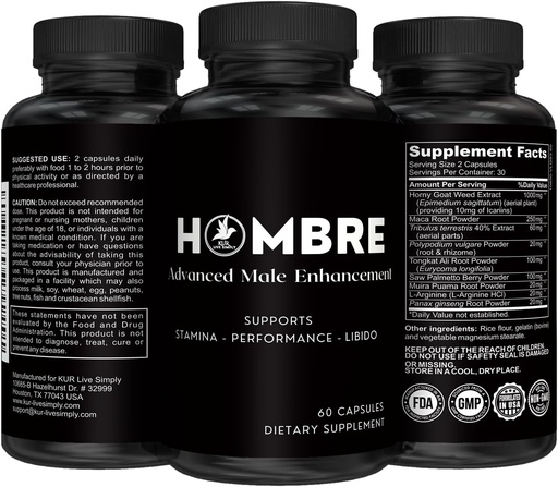 [BRSRMYYZPMCBYD35] Hombre Male Enhancing Supplement - Додайте 2 в 60 Днів з нашими перевагами таблетки для росту м'язів - збільшити розмір, міцність, витривалість - витривалість, продуктивність, Energy Booster - 60 Капсули