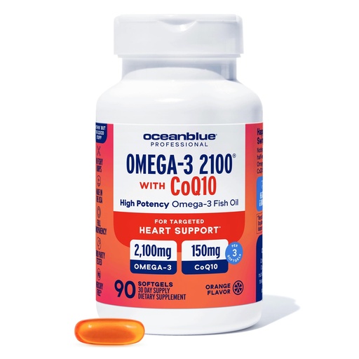 [BRSWYEAYCABREELG] Oceanblue Omega 3 2100 with CoQ10 | Triple Strength Fish Oil Combo Supplement | 1350MG EPA 650MG DHA 150MG DPA with 150MG CoQ10 | Orange Flavor | Heart Support | 90 Softgels