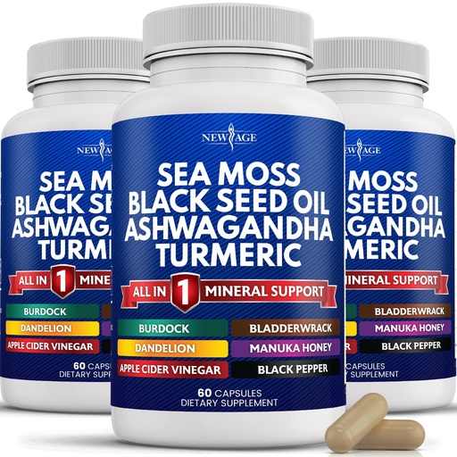 [BRSROHTYOR5B63LU] NEW AGE Silica Sea Moss, Black Seed Oil, Ashwagandha, Turmeric, Bladderwrack, Burdock - with Manuka, Honey Dandelion, ACV Black Pepper Gluten Free