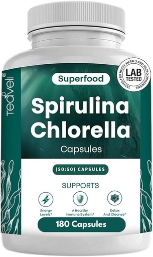 [BRSWGCQPOINQMDYV] Teaveli Organic Spirulina and Chlorella Capsules – 180 Chlorophyll Pills, Blue Green Algae Powder Capsules to Support Detox, Mitochondria & Energy– 3X More Chlorella Spirulina Powder/Serving