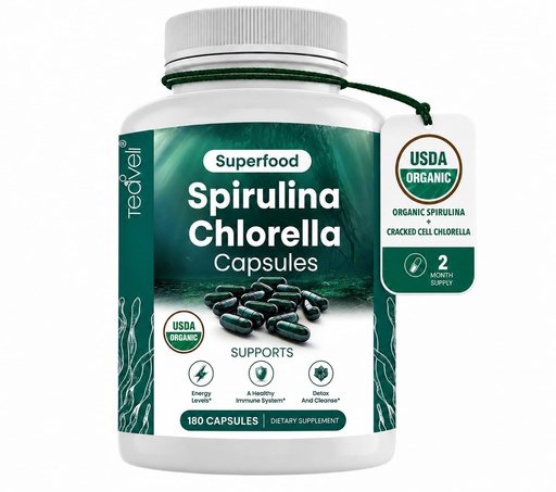 [BRSWGCQPOINQMDYV] Teaveli Organic Spirulina and Chlorella Capsules – 180 Chlorophyll Pills, Blue Green Algae Powder Capsules to Support Detox, Mitochondria & Energy– 3X More Chlorella Spirulina Powder/Serving