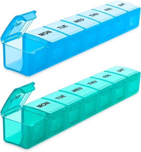 [BRSWGCYRCQDW22DZ] BUG HULL Weekly Pill Organizer Large 2 Packs, Extra Large Travel Pill Organizers, Pill Box 7 Day, Travel Pill Case, Medicine Pill Organizer for Vitamins, Supplements and Medications (Blue+Green)