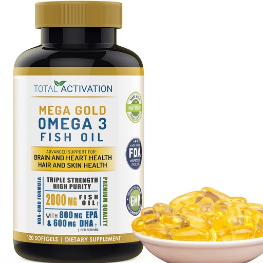[BRSWGFL3AQPGO2TZ] Omega 3 Fish Oil Supplement – 2000mg with EPA DHA & Vitamin E – Burpless, Triple Strength Support for Men & Women – 120 Easy Swallow Softgels