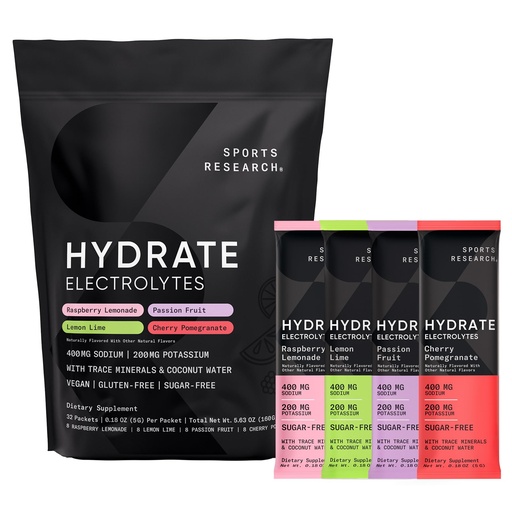 [BRSRAHA3BMGWA3Y3] Sports Research® Hydrate Electrolytes Powder Packets - Sugar-Free & Naturally Flavored with Vitamins, Minerals, and Coconut Water - Supports Hydration - 32 Packets - Variety Pack