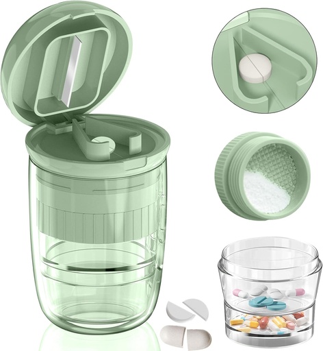[BRSRMCY7B4FAGYD3] Pill Cutter Splitter with Dispenser, Pill Cutter for Small or Large Pills, Crushes Pills, Vitamins, Tablets, Stainless Steel Blade, Removable Drinking Cup (Green-1)