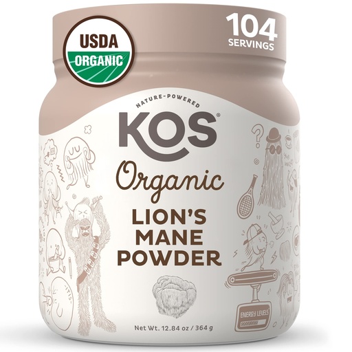 [BRSROCAZAQIQ423Z] KOS Organic Lion's Mane Powder - Natural Nootropic Superfood - Vegan Functional Mushroom, Plant Based, USDA Certified, Non-GMO, Soy & Gluten-Free - 104 Servings