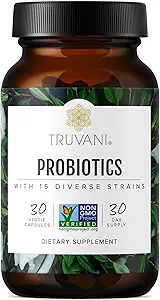 [BRSWGBI7CN7BAYDL] Truvani Probiotic Supplement | 30 Servings | 15 Billion CFU | 15 Diverse Strains for Digestive, Immune & Brain Health Support | Shelf-Stable Vegan Capsules | Non-GMO, No Fillers