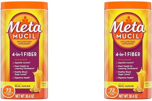[BRSRAY35DIMQ23Y4] Metamucil Fiber, 4-in-1 Psyllium Fiber Supplement Powder with Real Sugar, Orange Smooth Flavored Drink, 72 Servings (Packaging May Vary), Coarse Texture, 1.9 Pound (Pack of 2)