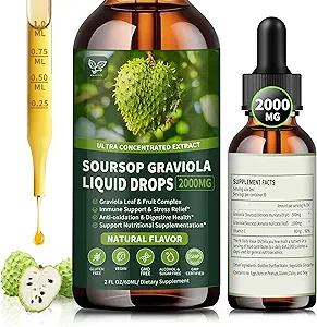 [BRSRAEDYCQJRMF3G] Soursop Graviola Liquid Drops 2000mg, Organic Soursop Extract - 98% Absorption Soursop Bitters Liquid for Cell Support & Regeneration and Immune Boost, Sugar/Gluten Free, Natural Flavor, 2 Fl Oz