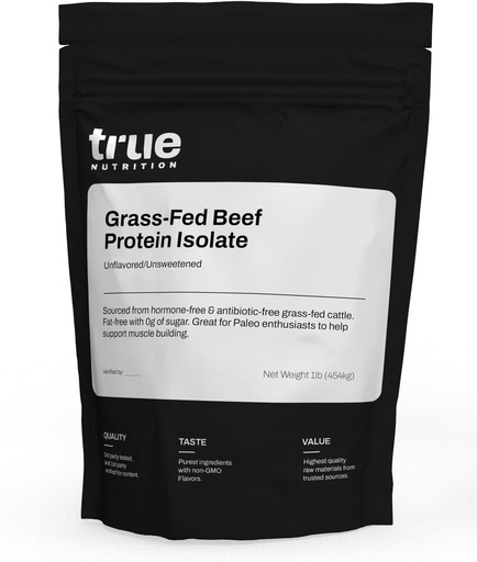 [BRSWKHQROQFWEDLU] True Nutrition Grasss Fed Beef Protein Powder Isolate - 29g of Paleo, Keto, Carnivore Beef Protein per Serving - Zero Carb, Fat and Gluten Free, Dairy Free, Soy Free - Unsweetened/Unflaed - 1LB