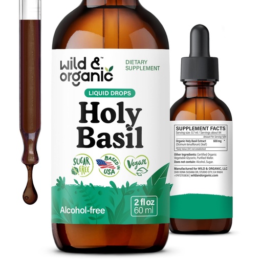 [BRSROY34CQFBOD3O] Wild & Organic Holy Basil Leaf Tincture - Relaxation, Calmness, Mood Support - Tulsi Holy Basil Supplement - Vegan, Sugar & Alcohol-Free Herb Extract Drops - 2 fl oz