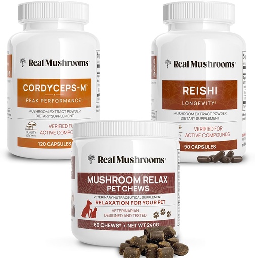 [BRSRMYI2CB7BGE3U] Real Mushrooms Reishi & Cordyceps for Humans & Mushroom Pet Relax Chews - Bundle for Relaxation, Energy & Immunity - Vegan, Non-GMO, Gluten-Free, Grain-Free Mushroom Extract Supplements