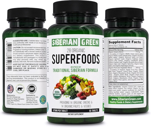 [BRSW2HATAUNGMFDD] Siberian Green 28 Organic Superfoods Supplement 60 Tablets - 14 Essential Greens, 14 Nutritious Fruits & Veggies from Traditional Formula for Energy, Wellness, Health