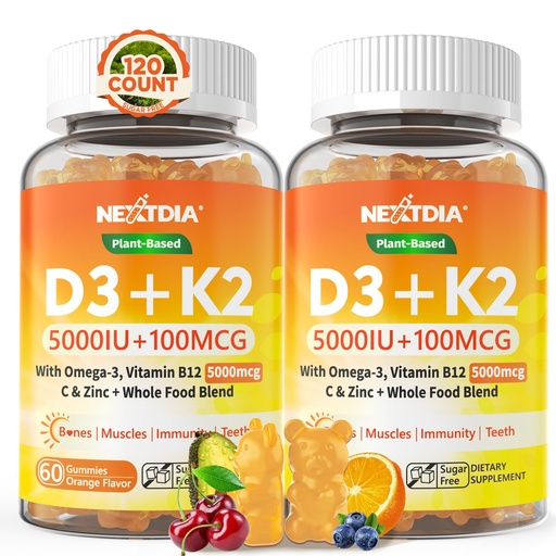 [BRSRAYIPOB6Q4CQ3] Vitamin D3 K2 Gummies 5000IU / 10,000 IU with Omega-3 250mg + K2(MK-7) 100mcg - 5X Absorption Than Standard D3K2,with Vitamin C, Zinc,and 5 Organic Vegetables,Supports Bone & Teeth Strength, Immune