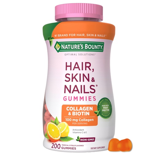 [BRSRAGAOOEFG2HYY] Nature's Bounty Optimal Solutions Hair, Skin and Nails Collagen Pectin Gummies, 100 mg Collagen and 2,500 mcg Biotin Per Serving, No Stick Gummy, Tropical Citrus Flavor, 200 ct, 100 Total Servings