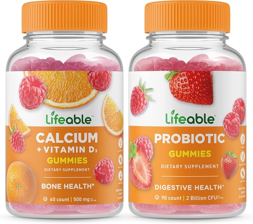 [BRSRMYAYAUAWMADG] Lifeable Calcium with Vitamin D + Probiotic 2 Billion CFU, Gummies Bundle - Great Tasting, Vitamin Supplement, Gluten Free, GMO Free, Chewable