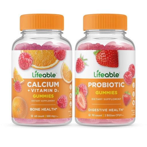 [BRSRMYAYAUAWMADG] Lifeable Calcium with Vitamin D + Probiotic 2 Billion CFU, Gummies Bundle - Great Tasting, Vitamin Supplement, Gluten Free, GMO Free, Chewable
