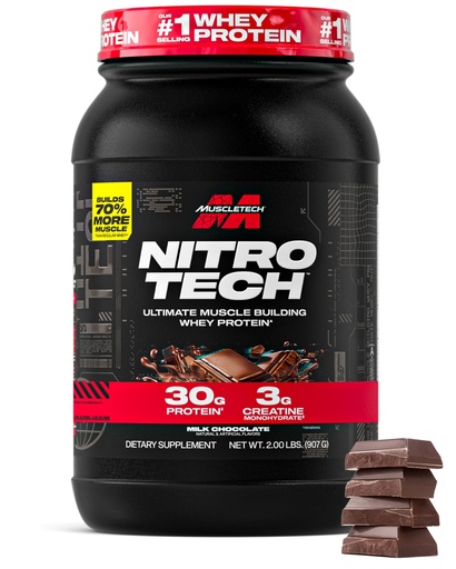 [BRSWI2QDAB5WEGAV] Muscletech Whey Protein Powder (Milk Chocolate, 2 Pound) - Nitro-Tech Ultimate Muscle Building Formula with Whey Protein Isolate - 30g of Protein, 3g of Creatine & 6.8g of BCAA - Packaging May Vary