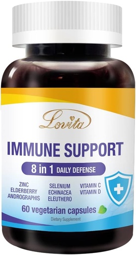 [BRSW2AQOBYHBG333] Lovita Immune Support 8 in 1, Elderberry with Zinc and Vitamin C, Vitamin D, Selenium & Echinacea, Andrographis, Siberian Ginseng - Immune Booster Supplement, 60 Vegetarian Capsules