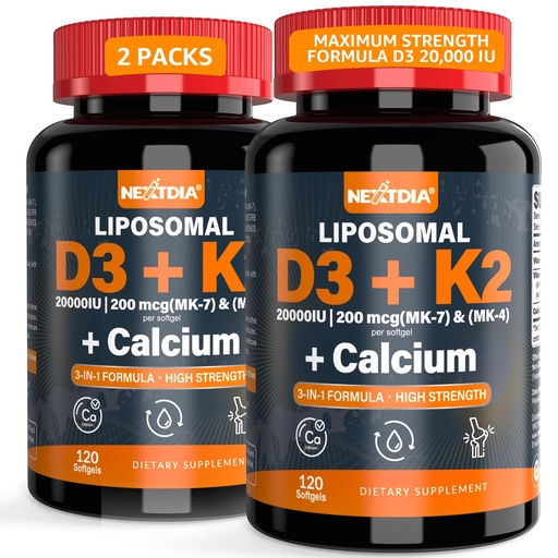 [BRSW2CAHDF7AMHTL] Vitamin D3 20,000 IU + K2 Vitamin (MK4 & MK7) 200mcg + Calcium Citrate, Optimal Vitamin D3 K2 Softgel - Strong Bone & Muscle, Calcium Absorption, Helping Vitamin D Deficiencies, Easy to Swallow, 2Pack